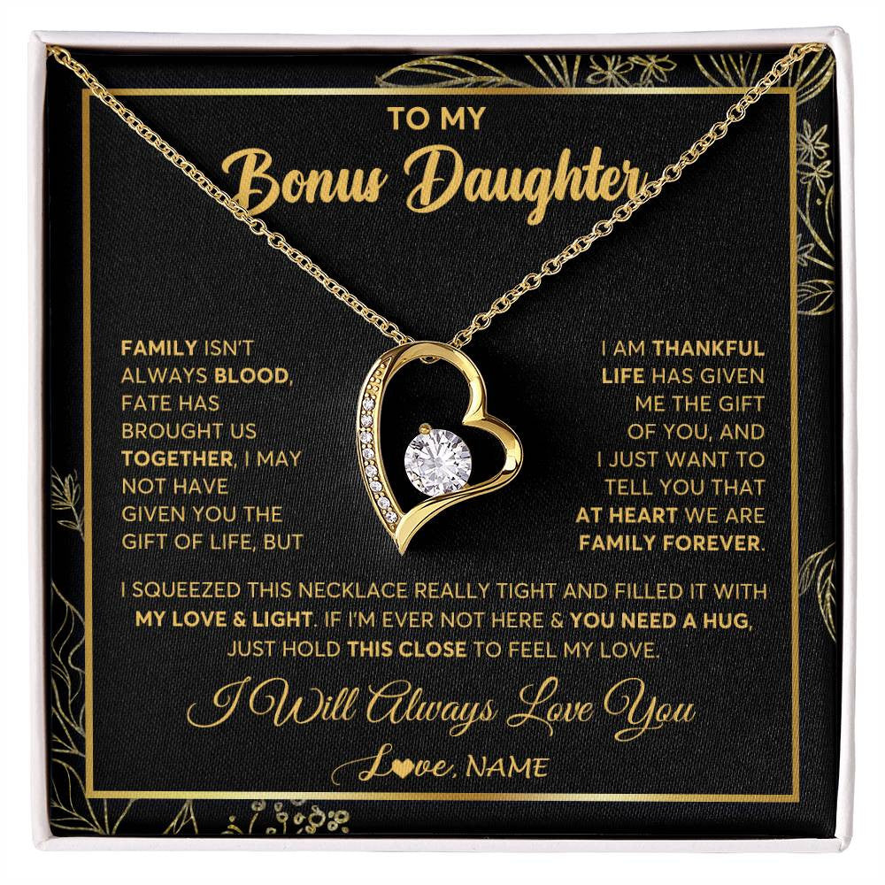 Forever Love Necklace 18K Yellow Gold Finish | 1 | Personalized To My Bonus Daughter Necklace From Stepmother Step Dad We Are Family Forever StepDaughter Birthday Christmas Customized Gift Box Message Card | siriusteestore