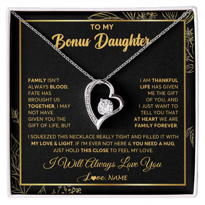 Forever Love Necklace | Personalized To My Bonus Daughter Necklace From Stepmother Step Dad We Are Family Forever StepDaughter Birthday Christmas Customized Gift Box Message Card | siriusteestore