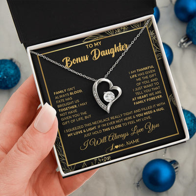 Forever Love Necklace | Personalized To My Bonus Daughter Necklace From Stepmother Step Dad We Are Family Forever StepDaughter Birthday Christmas Customized Gift Box Message Card | siriusteestore