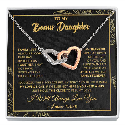 Interlocking Hearts Necklace | Personalized To My Bonus Daughter Necklace From Stepmother Step Dad We Are Family Forever StepDaughter Birthday Christmas Customized Gift Box Message Card | siriusteestore