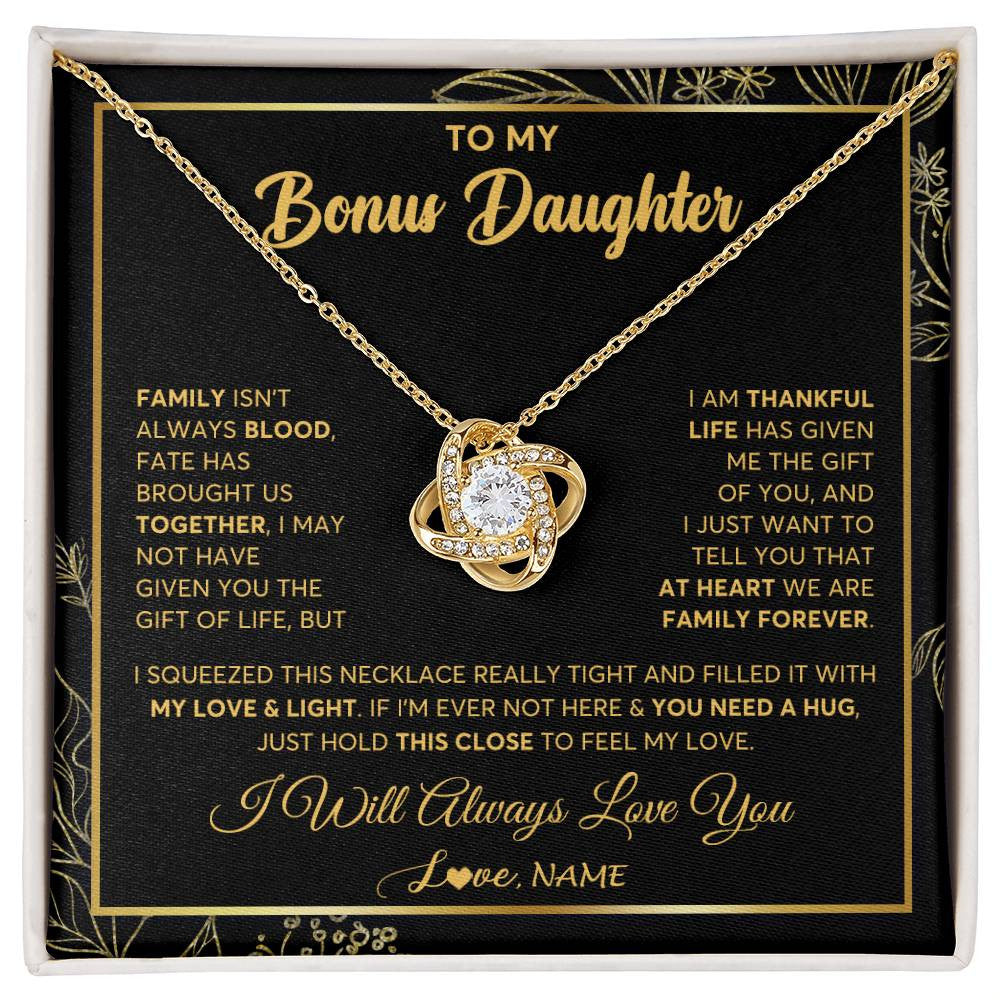 Love Knot Necklace 18K Yellow Gold Finish | 1 | Personalized To My Bonus Daughter Necklace From Stepmother Step Dad We Are Family Forever StepDaughter Birthday Christmas Customized Gift Box Message Card | siriusteestore