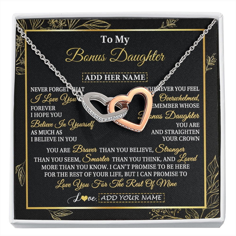 Interlocking Hearts Necklace Stainless Steel & Rose Gold Finish | 1 | Personalized To My Bonus Daughter Necklace From Stepmother Stepdad I Love You Gift For My Stepdaughter Birthday Gifts Christmas Custom Gift Box Message Card | siriusteestore.myshopify