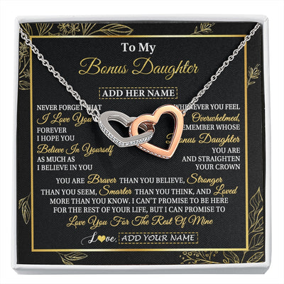 Interlocking Hearts Necklace Stainless Steel & Rose Gold Finish | 1 | Personalized To My Bonus Daughter Necklace From Stepmother Stepdad I Love You Gift For My Stepdaughter Birthday Gifts Christmas Custom Gift Box Message Card | siriusteestore.myshopify