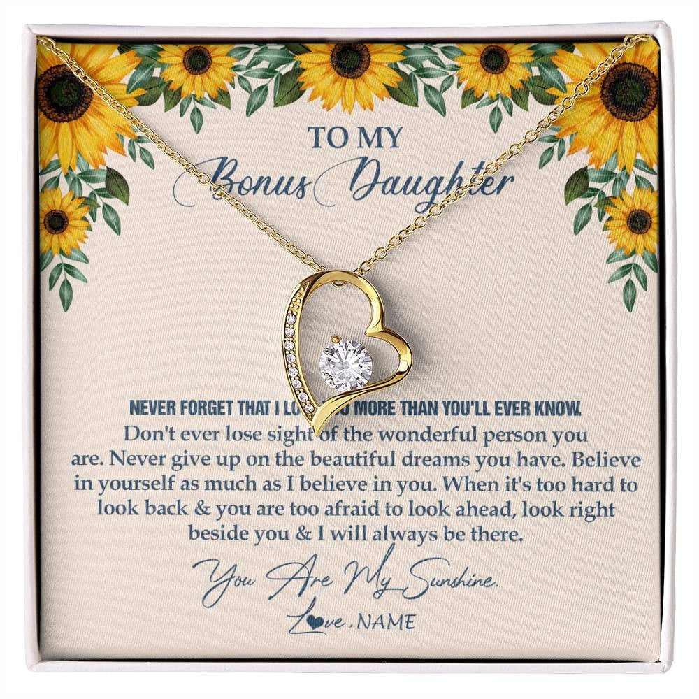Forever Love Necklace 18K Yellow Gold Finish | Personalized To My Bonus Daughter Necklace From Stepmother Stepdad Sunflower You Are My Sunshine Stepdaughter Jewelry Birthday Customized Gift Box Message Card | siriusteestore