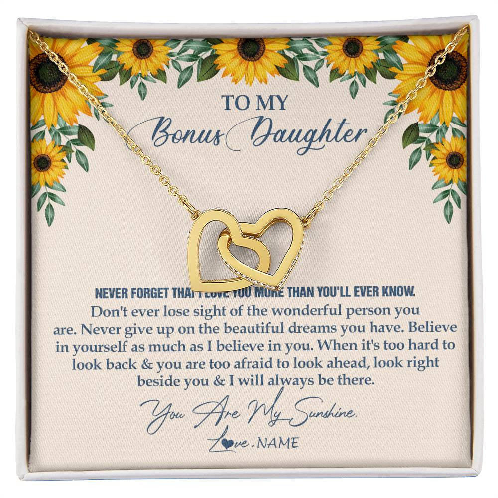 Interlocking Hearts Necklace 18K Yellow Gold Finish | Personalized To My Bonus Daughter Necklace From Stepmother Stepdad Sunflower You Are My Sunshine Stepdaughter Jewelry Birthday Customized Gift Box Message Card | siriusteestore