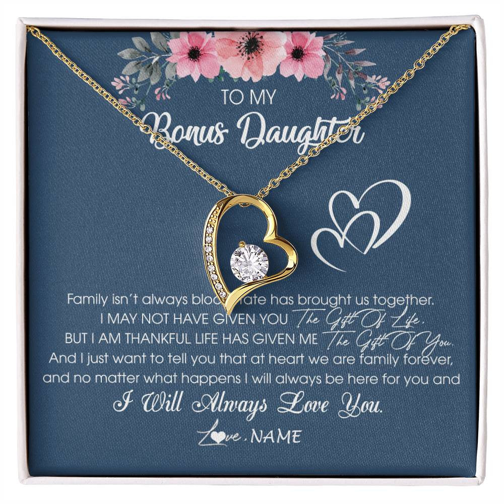 Forever Love Necklace 18K Yellow Gold Finish | Personalized To My Bonus Daughter Necklace From Stepmother Stepfather I Will Always Love You Stepdaughter Jewelry Birthday Christmas Customized Message Card | siriusteestore