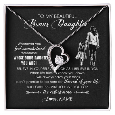 Forever Love Necklace 14K White Gold Finish | 1 | Personalized To My Bonus Daughter Necklace From Stepmother Whenever You Feel Overwhelmed Stepdaughter Jewelry Birthday Christmas Customized Message Card | siriusteestore