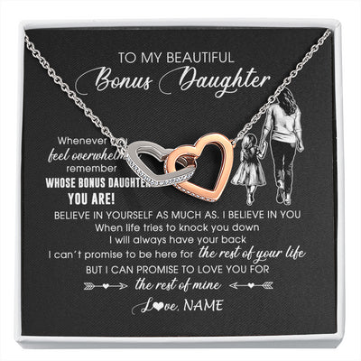 Interlocking Hearts Necklace Stainless Steel & Rose Gold Finish | 1 | Personalized To My Bonus Daughter Necklace From Stepmother Whenever You Feel Overwhelmed Stepdaughter Jewelry Birthday Christmas Customized Message Card | siriusteestore