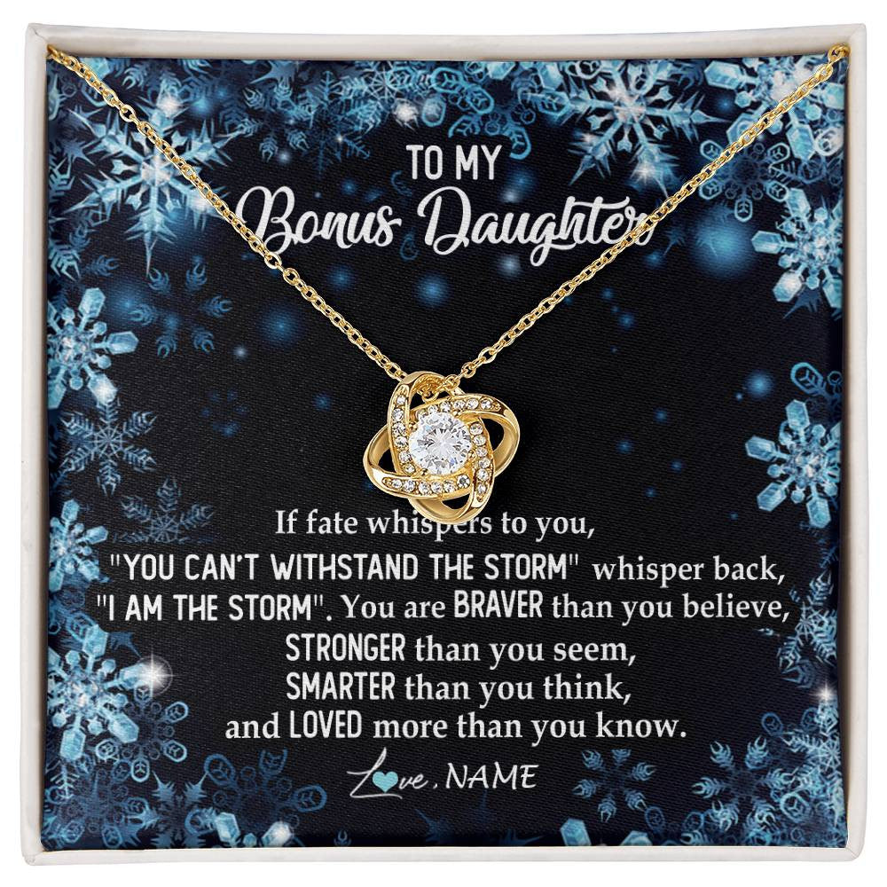 Love Knot Necklace 18K Yellow Gold Finish | Personalized To My Bonus Daughter Necklace From Stepmother Whisper Back I Am The Storm Stepdaughter Jewelry Birthday Christmas Customized Message Card | siriusteestore