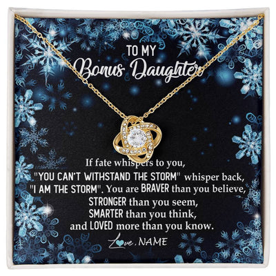 Love Knot Necklace 18K Yellow Gold Finish | Personalized To My Bonus Daughter Necklace From Stepmother Whisper Back I Am The Storm Stepdaughter Jewelry Birthday Christmas Customized Message Card | siriusteestore