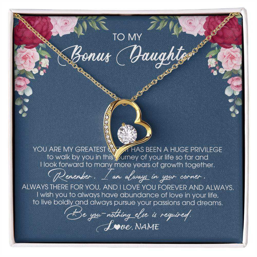 Forever Love Necklace 18K Yellow Gold Finish | Personalized To My Bonus Daughter Necklace From Stepmother You Are My Greatest Gift Stepdaughter Birthday Customized Jewelry Gift Box Message Card | siriusteestore
