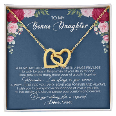 Interlocking Hearts Necklace 18K Yellow Gold Finish | Personalized To My Bonus Daughter Necklace From Stepmother You Are My Greatest Gift Stepdaughter Birthday Customized Jewelry Gift Box Message Card | siriusteestore