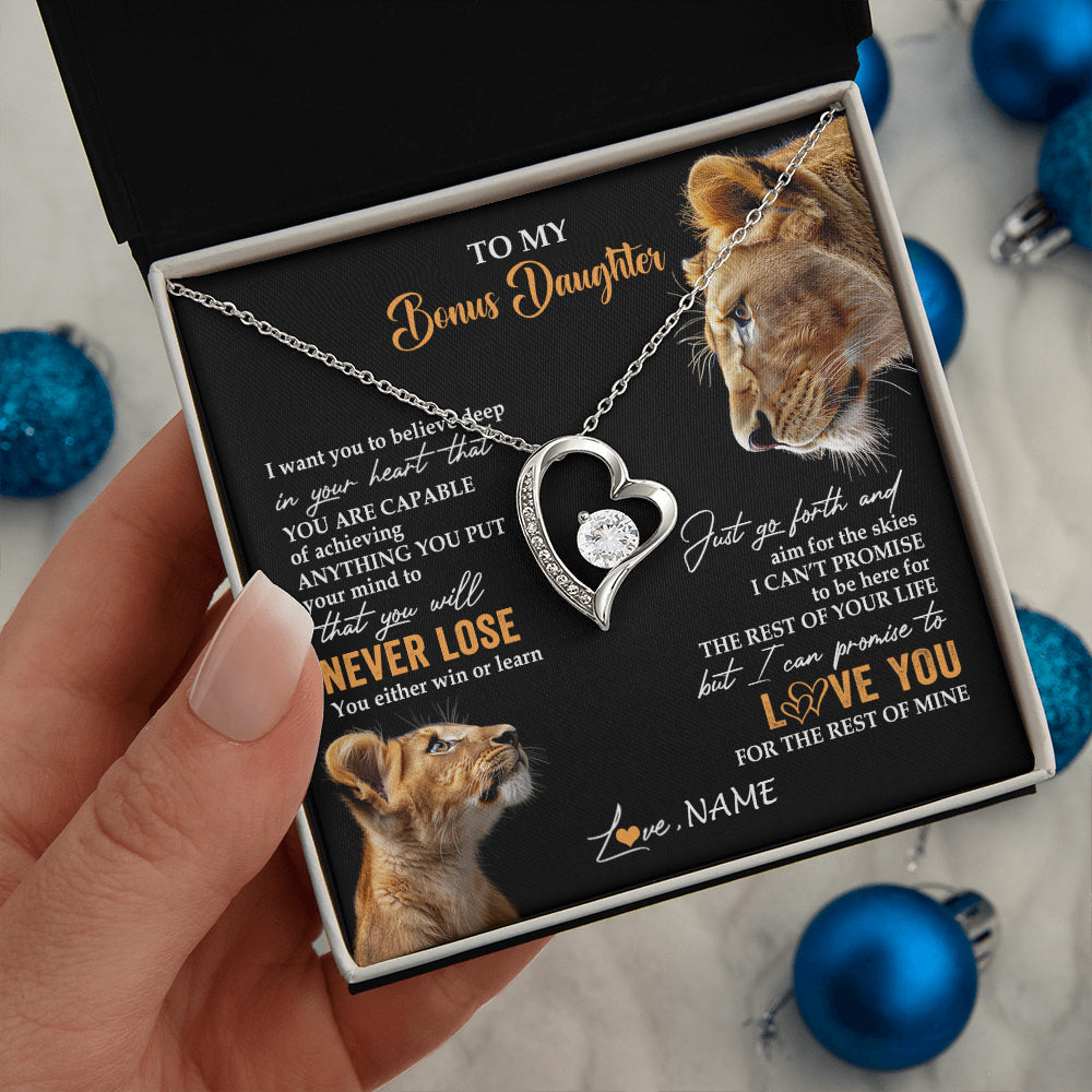 Forever Love Necklace 14K White Gold Finish | 2 | Personalized To My Bonus Daughter Necklace From Stepmother You Will Never Lose Lion Stepdaughter Birthday Gifts Graduation Christmas Gift Box Message Card | siriusteestore