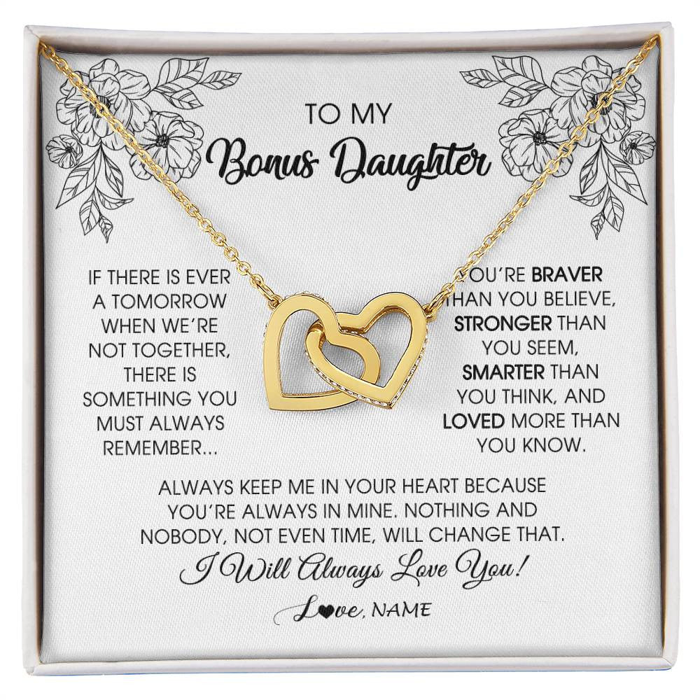 Interlocking Hearts Necklace 18K Yellow Gold Finish | Personalized To My Bonus Daughter Necklace From Stepmother You're Braver Stronger Smarter Stepdaughter Birthday Customized Jewelry Gift Box Message Card | siriusteestore