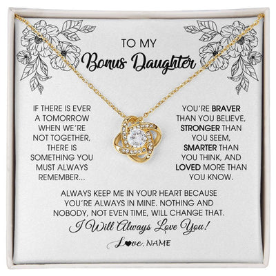 Love Knot Necklace 18K Yellow Gold Finish | Personalized To My Bonus Daughter Necklace From Stepmother You're Braver Stronger Smarter Stepdaughter Birthday Customized Jewelry Gift Box Message Card | siriusteestore