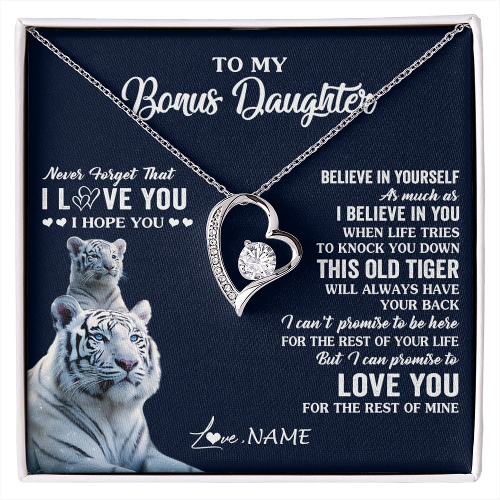 Forever Love Necklace 14K White Gold Finish | 1 | Personalized To My Bonus Daughter Necklace Gift From Stepmom Stepdad This Old Tiger Love You Birthday Graduation Christmas Customized Gift Box Message Card | siriusteestore.myshopify