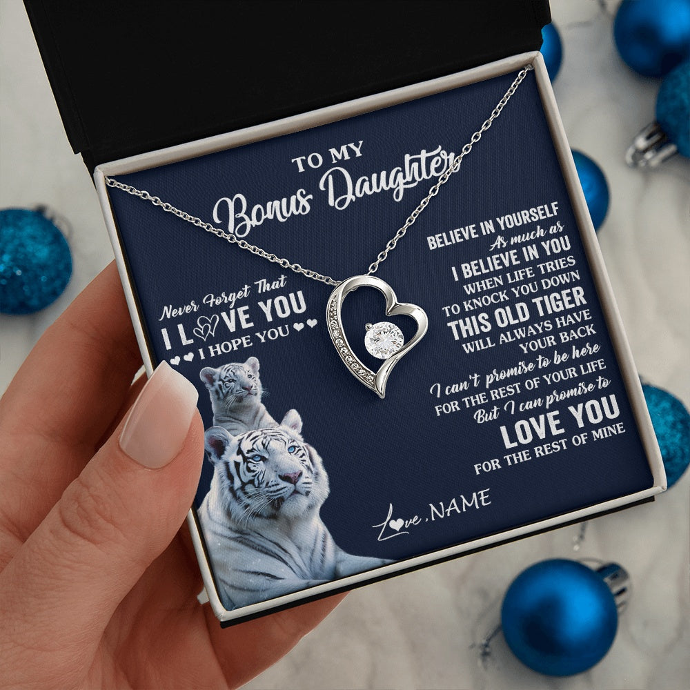 Forever Love Necklace 14K White Gold Finish | 2 | Personalized To My Bonus Daughter Necklace Gift From Stepmom Stepdad This Old Tiger Love You Birthday Graduation Christmas Customized Gift Box Message Card | siriusteestore.myshopify