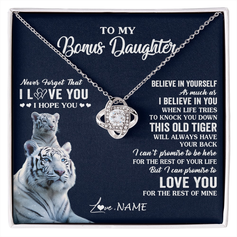 Love Knot Necklace 14K White Gold Finish | 1 | Personalized To My Bonus Daughter Necklace Gift From Stepmom Stepdad This Old Tiger Love You Birthday Graduation Christmas Customized Gift Box Message Card | siriusteestore.myshopify