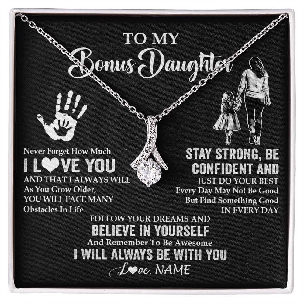 Alluring Beauty Necklace 14K White Gold Finish | 1 | Personalized To My Bonus Daughter Necklace I Love You Forever From Stepmom Stepdaughter Birthday Gifts Christmas Graduation Customized Gift Box Message Card | siriusteestore