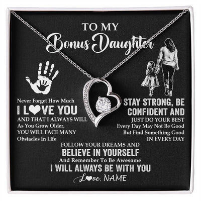 Forever Love Necklace 14K White Gold Finish | 1 | Personalized To My Bonus Daughter Necklace I Love You Forever From Stepmom Stepdaughter Birthday Gifts Christmas Graduation Customized Gift Box Message Card | siriusteestore