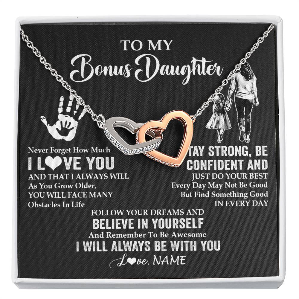 Interlocking Hearts Necklace Stainless Steel & Rose Gold Finish | 1 | Personalized To My Bonus Daughter Necklace I Love You Forever From Stepmom Stepdaughter Birthday Gifts Christmas Graduation Customized Gift Box Message Card | siriusteestore