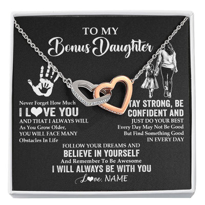 Interlocking Hearts Necklace Stainless Steel & Rose Gold Finish | 1 | Personalized To My Bonus Daughter Necklace I Love You Forever From Stepmom Stepdaughter Birthday Gifts Christmas Graduation Customized Gift Box Message Card | siriusteestore