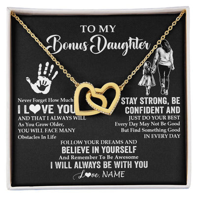 Interlocking Hearts Necklace 18K Yellow Gold Finish | 1 | Personalized To My Bonus Daughter Necklace I Love You Forever From Stepmom Stepdaughter Birthday Gifts Christmas Graduation Customized Gift Box Message Card | siriusteestore