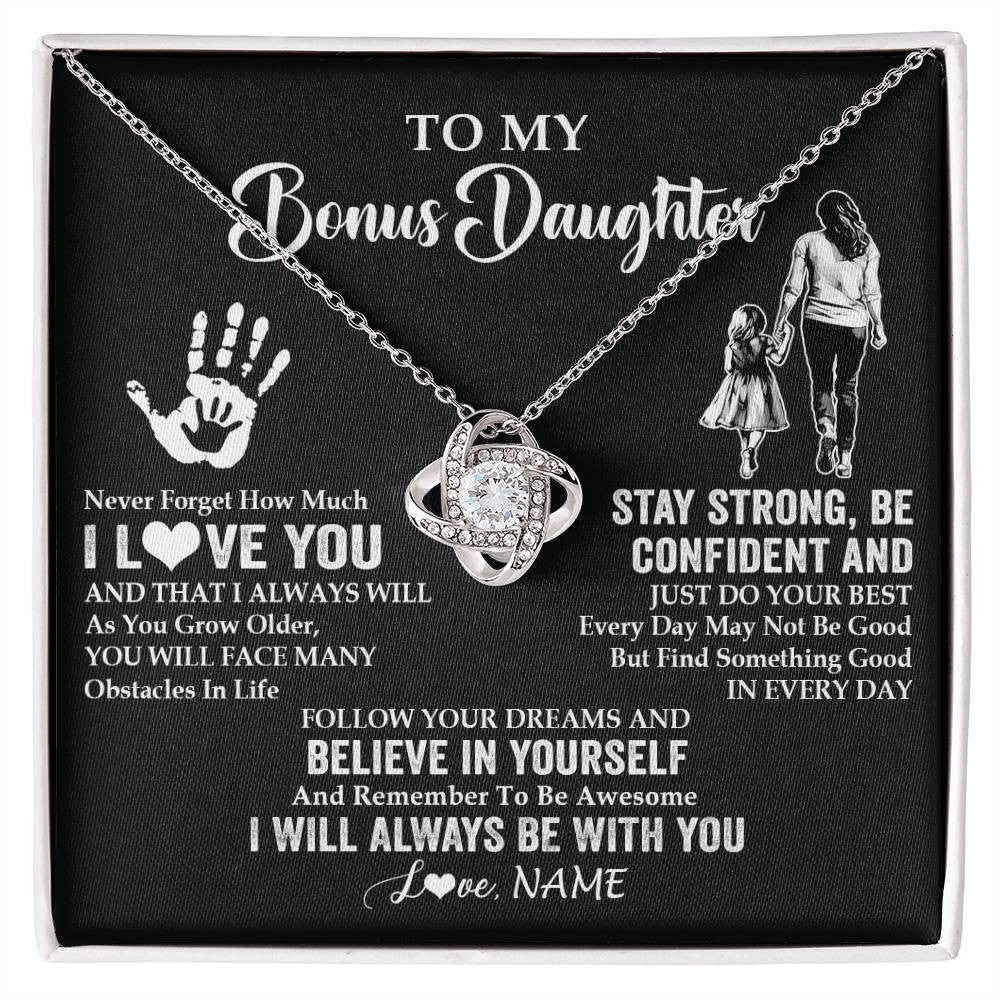 Love Knot Necklace 14K White Gold Finish | 1 | Personalized To My Bonus Daughter Necklace I Love You Forever From Stepmom Stepdaughter Birthday Gifts Christmas Graduation Customized Gift Box Message Card | siriusteestore