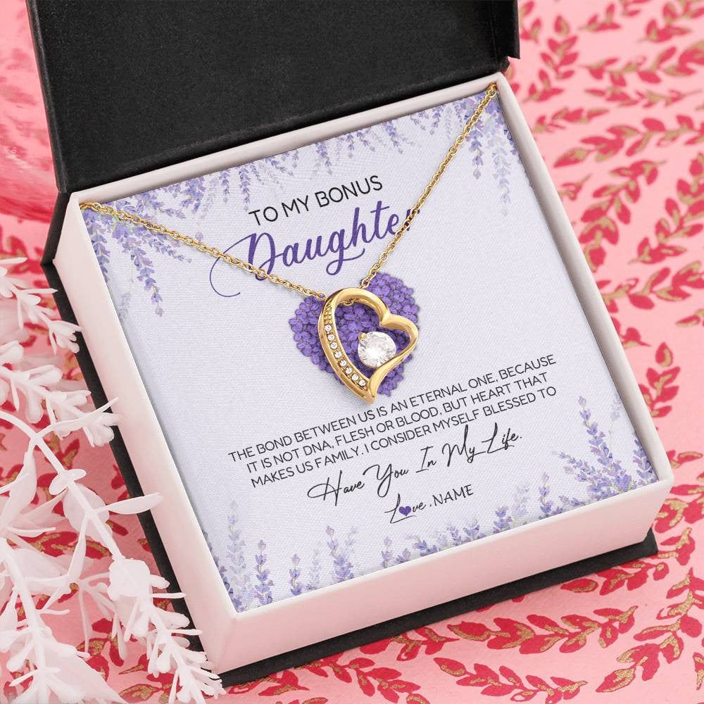Forever Love Necklace 18K Yellow Gold Finish | Personalized To My Bonus Daughter Necklace The Bond Between Us Is An Eternal Future Step Daughter Jewelry Birthday Christmas Customized Gift Box Message Card | siriusteestore