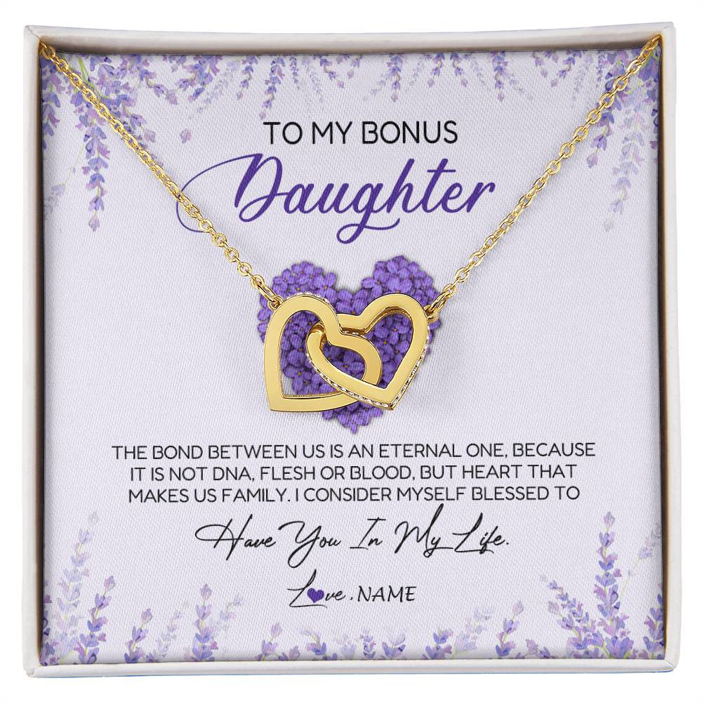 Interlocking Hearts Necklace 18K Yellow Gold Finish | Personalized To My Bonus Daughter Necklace The Bond Between Us Is An Eternal Future Step Daughter Jewelry Birthday Christmas Customized Gift Box Message Card | siriusteestore