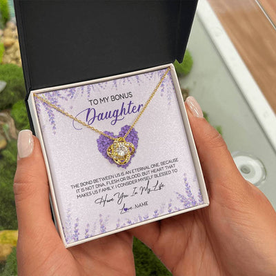 Love Knot Necklace 18K Yellow Gold Finish | Personalized To My Bonus Daughter Necklace The Bond Between Us Is An Eternal Future Step Daughter Jewelry Birthday Christmas Customized Gift Box Message Card | siriusteestore