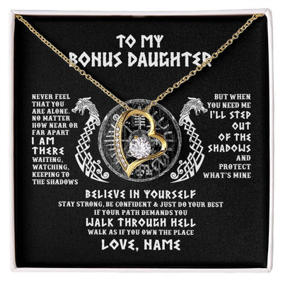 Forever Love Necklace 18K Yellow Gold Finish | 1 | Personalized To My Bonus Daughter Necklace Viking Never Feel You Are Alone Odin Scandinavian Norse Runes Birthday Christmas Customized Gift Box Message Card | siriusteestore