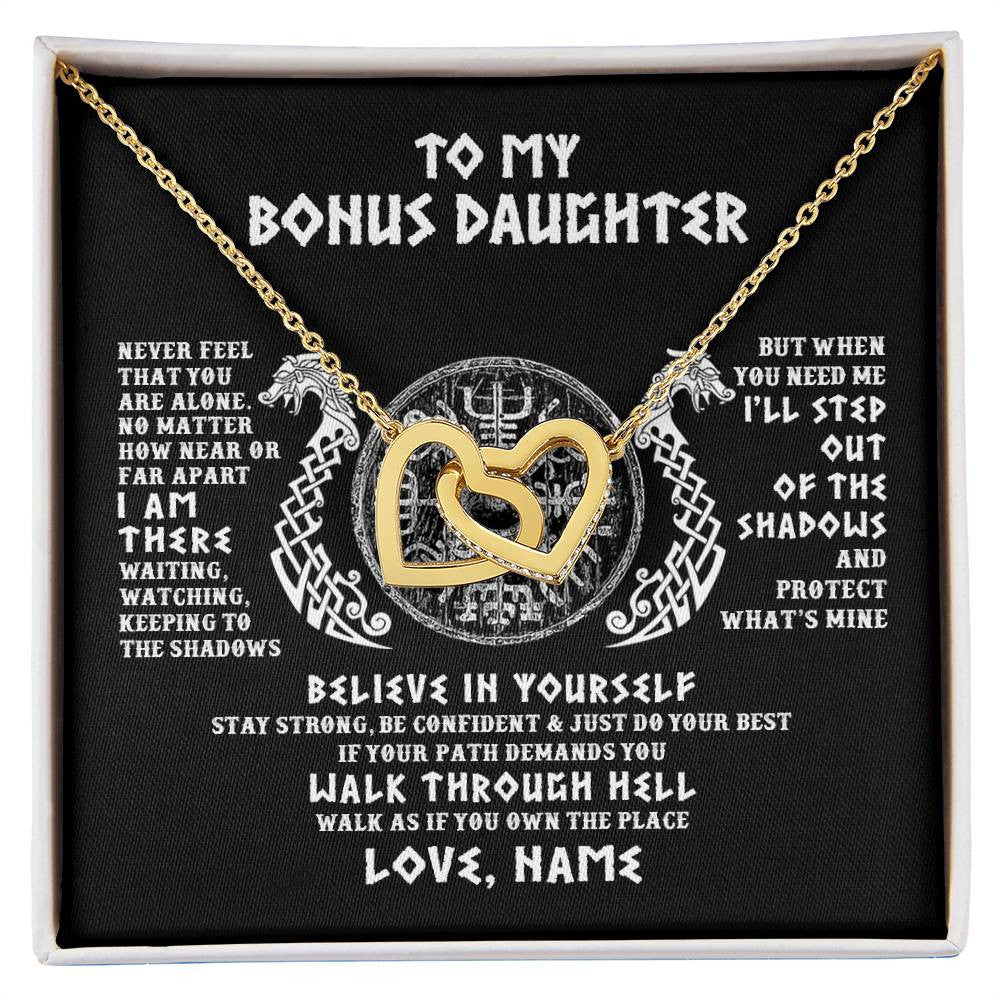 Interlocking Hearts Necklace 18K Yellow Gold Finish | 1 | Personalized To My Bonus Daughter Necklace Viking Never Feel You Are Alone Odin Scandinavian Norse Runes Birthday Christmas Customized Gift Box Message Card | siriusteestore
