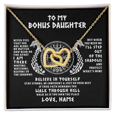 Interlocking Hearts Necklace 18K Yellow Gold Finish | 1 | Personalized To My Bonus Daughter Necklace Viking Never Feel You Are Alone Odin Scandinavian Norse Runes Birthday Christmas Customized Gift Box Message Card | siriusteestore