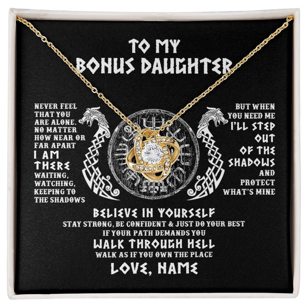 Love Knot Necklace 18K Yellow Gold Finish | 1 | Personalized To My Bonus Daughter Necklace Viking Never Feel You Are Alone Odin Scandinavian Norse Runes Birthday Christmas Customized Gift Box Message Card | siriusteestore