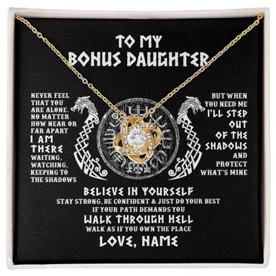 Love Knot Necklace 18K Yellow Gold Finish | 1 | Personalized To My Bonus Daughter Necklace Viking Never Feel You Are Alone Odin Scandinavian Norse Runes Birthday Christmas Customized Gift Box Message Card | siriusteestore