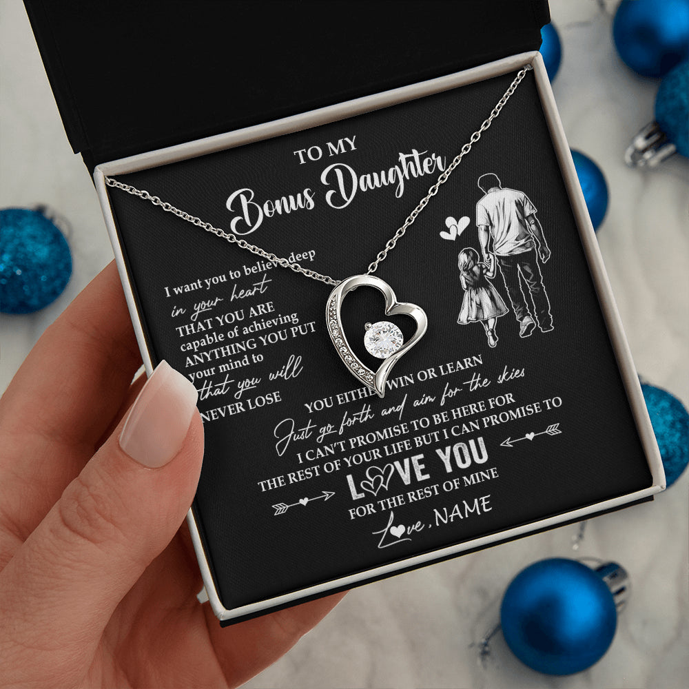 Forever Love Necklace 14K White Gold Finish | 2 | Personalized To My Bonus Daughter Necklace You Will Never Lose From Stepdad Dad Stepdaughter Birthday Gifts Christmas Customized Gift Box Message Card | siriusteestore
