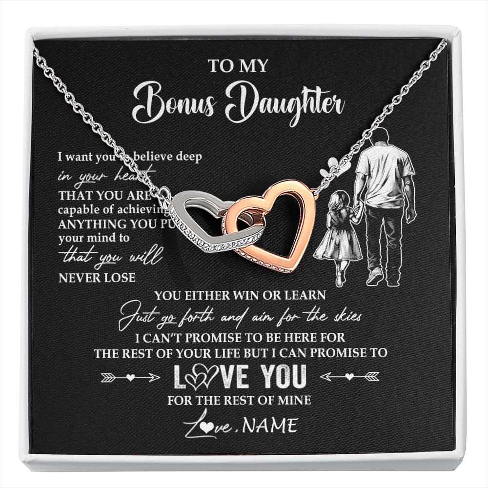 Interlocking Hearts Necklace Stainless Steel & Rose Gold Finish | 1 | Personalized To My Bonus Daughter Necklace You Will Never Lose From Stepdad Dad Stepdaughter Birthday Gifts Christmas Customized Gift Box Message Card | siriusteestore