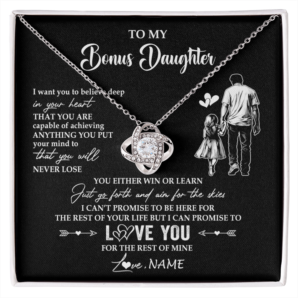 Love Knot Necklace 14K White Gold Finish | 1 | Personalized To My Bonus Daughter Necklace You Will Never Lose From Stepdad Dad Stepdaughter Birthday Gifts Christmas Customized Gift Box Message Card | siriusteestore