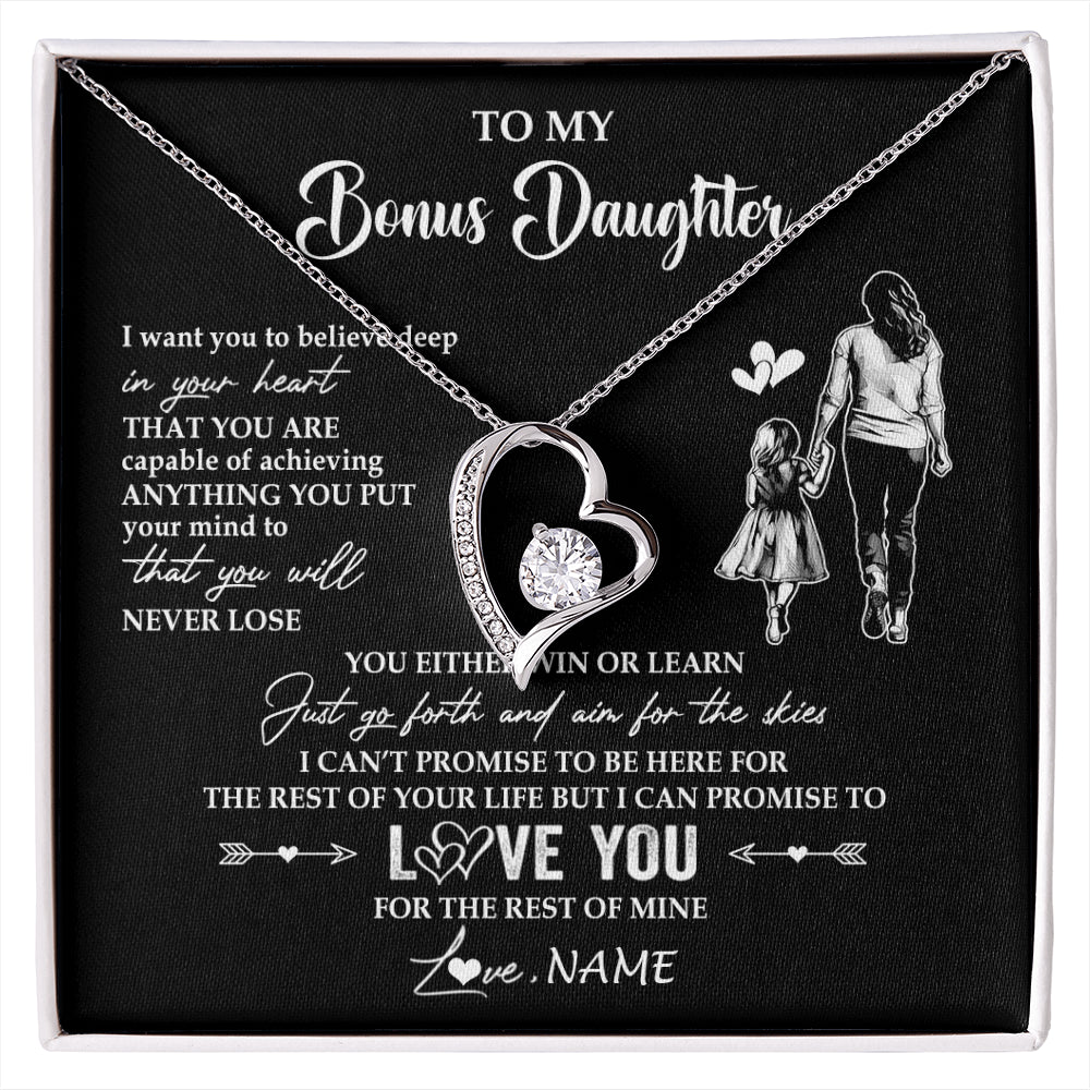 Forever Love Necklace 14K White Gold Finish | 1 | Personalized To My Bonus Daughter Necklace You Will Never Lose From Stepmother Stepdaughter Birthday Gifts Graduation Christmas Gift Box Message Card | siriusteestore