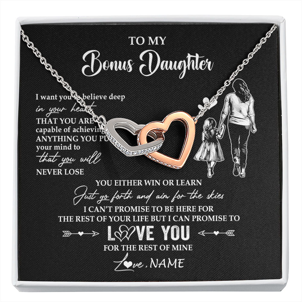 Interlocking Hearts Necklace Stainless Steel & Rose Gold Finish | 1 | Personalized To My Bonus Daughter Necklace You Will Never Lose From Stepmother Stepdaughter Birthday Gifts Graduation Christmas Gift Box Message Card | siriusteestore