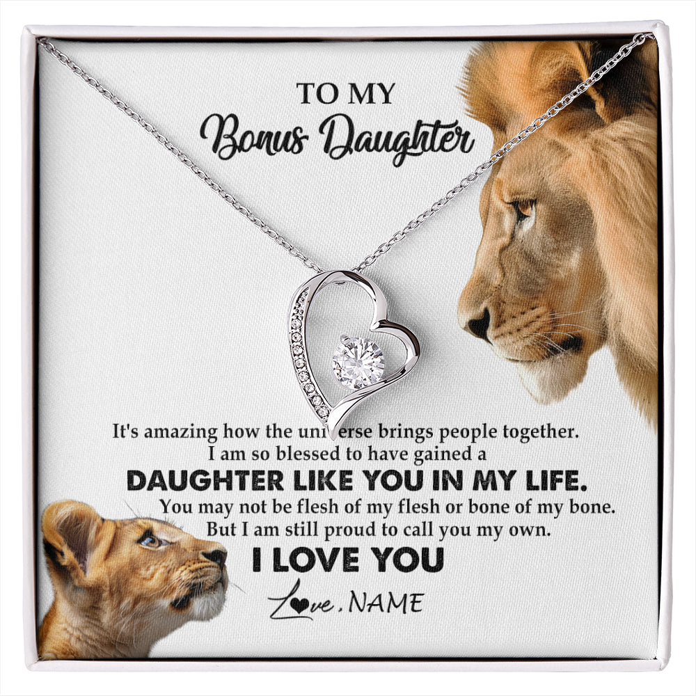 Forever Love Necklace 14K White Gold Finish | 1 | Personalized To My Bonus Daughter Necklace from Stepdad Lion I Love You Stepchild Adopted Daughter Birthday Christmas Customized Gift Box Message Card | siriusteestore