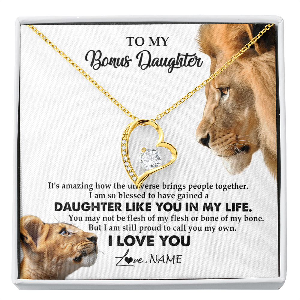 Forever Love Necklace 18K Yellow Gold Finish | 1 | Personalized To My Bonus Daughter Necklace from Stepdad Lion I Love You Stepchild Adopted Daughter Birthday Christmas Customized Gift Box Message Card | siriusteestore