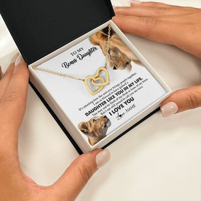 Interlocking Hearts Necklace 18K Yellow Gold Finish | 2 | Personalized To My Bonus Daughter Necklace from Stepdad Lion I Love You Stepchild Adopted Daughter Birthday Christmas Customized Gift Box Message Card | siriusteestore