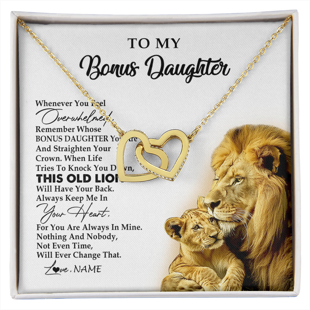 Interlocking Hearts Necklace 18K Yellow Gold Finish | 1 | Personalized To My Bonus Daughter Necklace from Stepdad Whenever You Fell Overwhelmed Lion Stepdaughter Birthday Christmas Customized Gift Box Message Card | siriusteestore