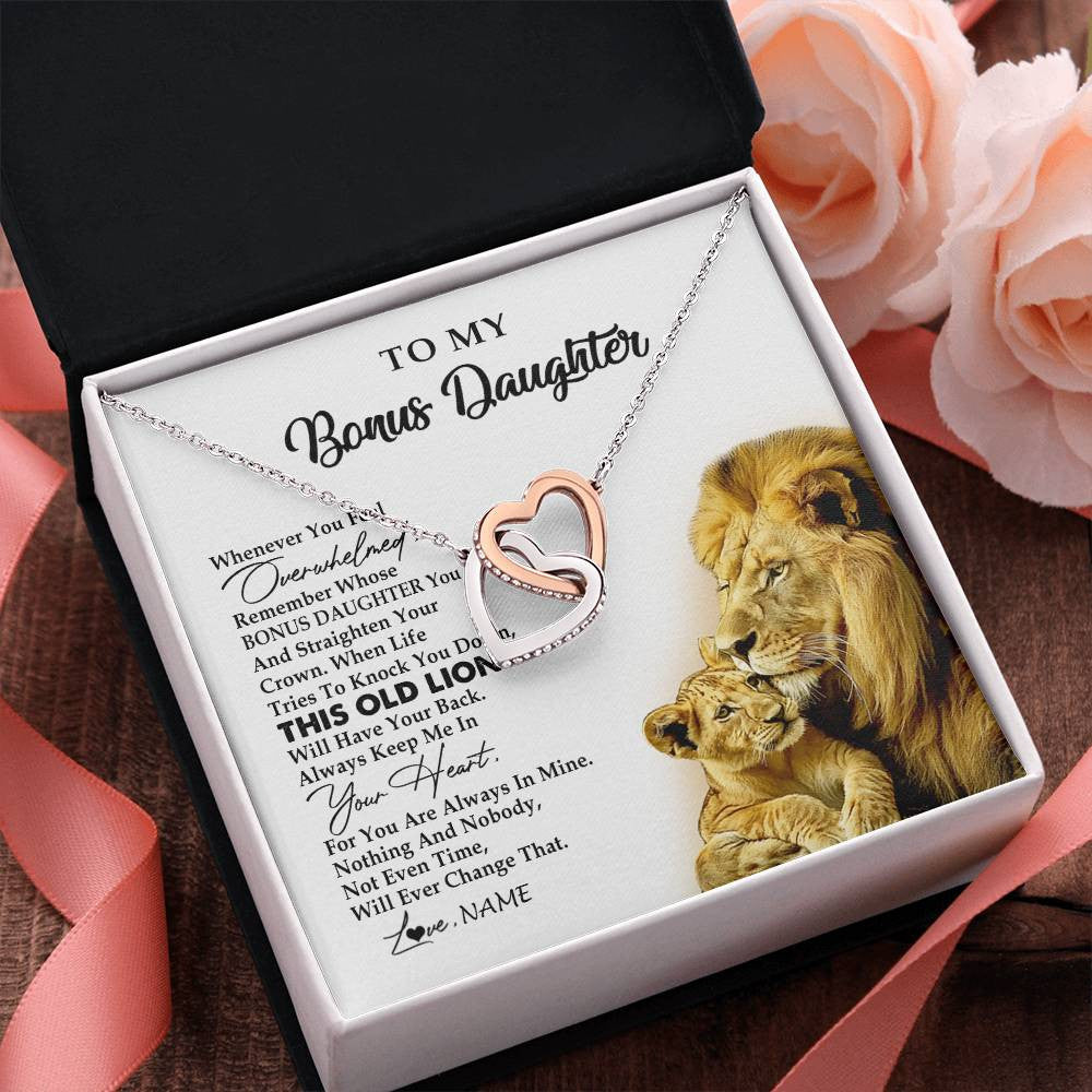 Interlocking Hearts Necklace Stainless Steel & Rose Gold Finish | 2 | Personalized To My Bonus Daughter Necklace from Stepdad Whenever You Fell Overwhelmed Lion Stepdaughter Birthday Christmas Customized Gift Box Message Card | siriusteestore