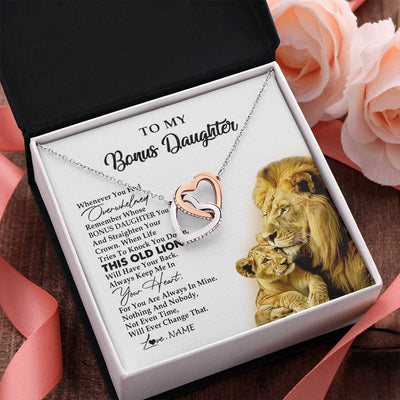 Interlocking Hearts Necklace Stainless Steel & Rose Gold Finish | 2 | Personalized To My Bonus Daughter Necklace from Stepdad Whenever You Fell Overwhelmed Lion Stepdaughter Birthday Christmas Customized Gift Box Message Card | siriusteestore
