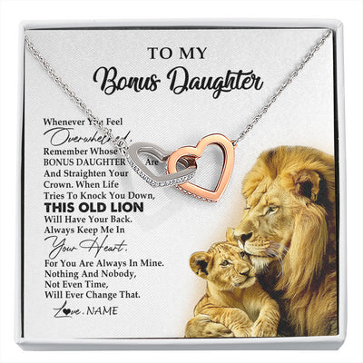 Interlocking Hearts Necklace Stainless Steel & Rose Gold Finish | 1 | Personalized To My Bonus Daughter Necklace from Stepdad Whenever You Fell Overwhelmed Lion Stepdaughter Birthday Christmas Customized Gift Box Message Card | siriusteestore