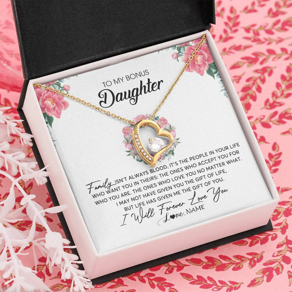 Forever Love Necklace 18K Yellow Gold Finish | Personalized To My Bonus Daughter Necklace from Stepmom Family Isn't Always Blood Step Daughter Jewelry Birthday Christmas Customized Gift Box Message Card | siriusteestore