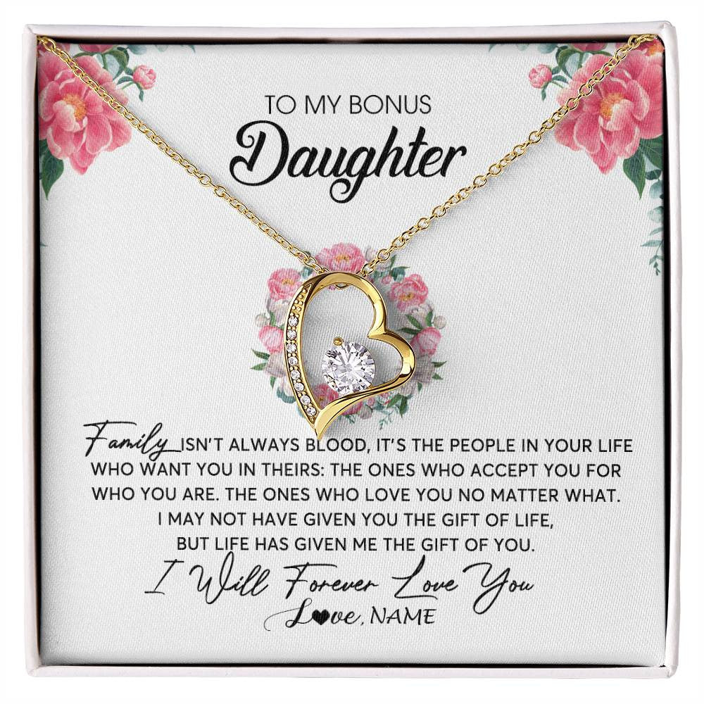 Forever Love Necklace 18K Yellow Gold Finish | Personalized To My Bonus Daughter Necklace from Stepmom Family Isn't Always Blood Step Daughter Jewelry Birthday Christmas Customized Gift Box Message Card | siriusteestore